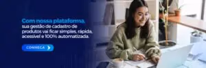 A imagem apresenta uma jovem sentada em frente a um notebook. À esquerda, em um fundo azul escuro com detalhes gráficos, está o texto: "Com nossa plataforma, sua gestão de cadastro de produtos vai ficar simples, rápida, acessível e 100% automatizada." Logo abaixo, há um botão azul com a palavra "Conheça" em branco. Ao fundo, o logotipo "4MDG" está em marca d'água.