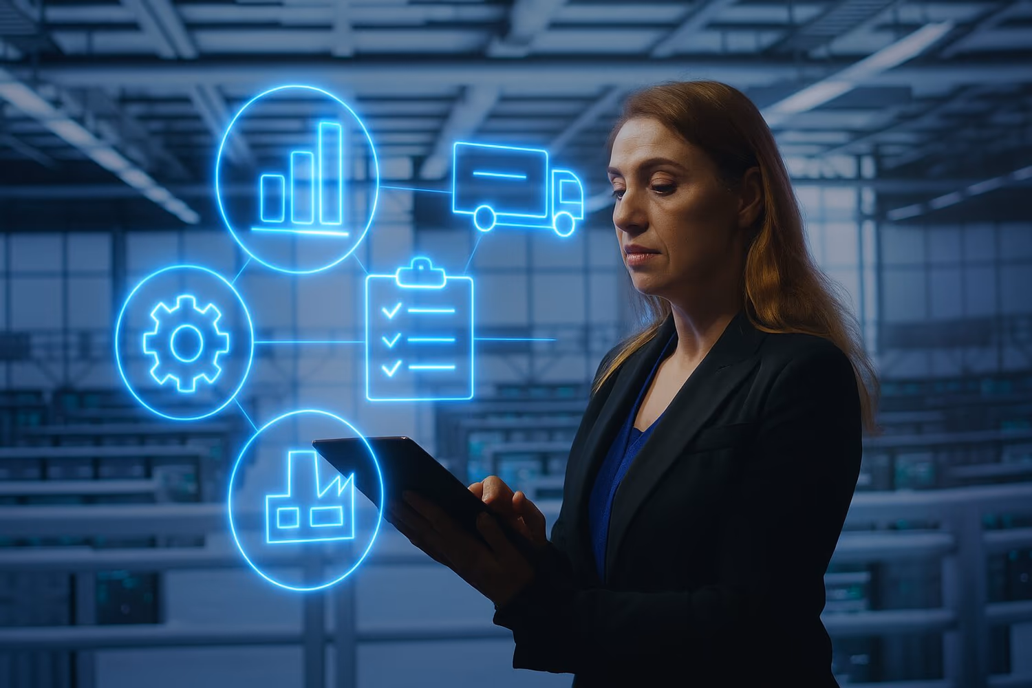 Una mujer sostiene una tablet en un data center mientras observa hologramas azules con iconos de gráfico, camión, checklist, engranaje y fábrica. Los elementos representan la digitalización y el control de la cadena de suministro por medio de datos.