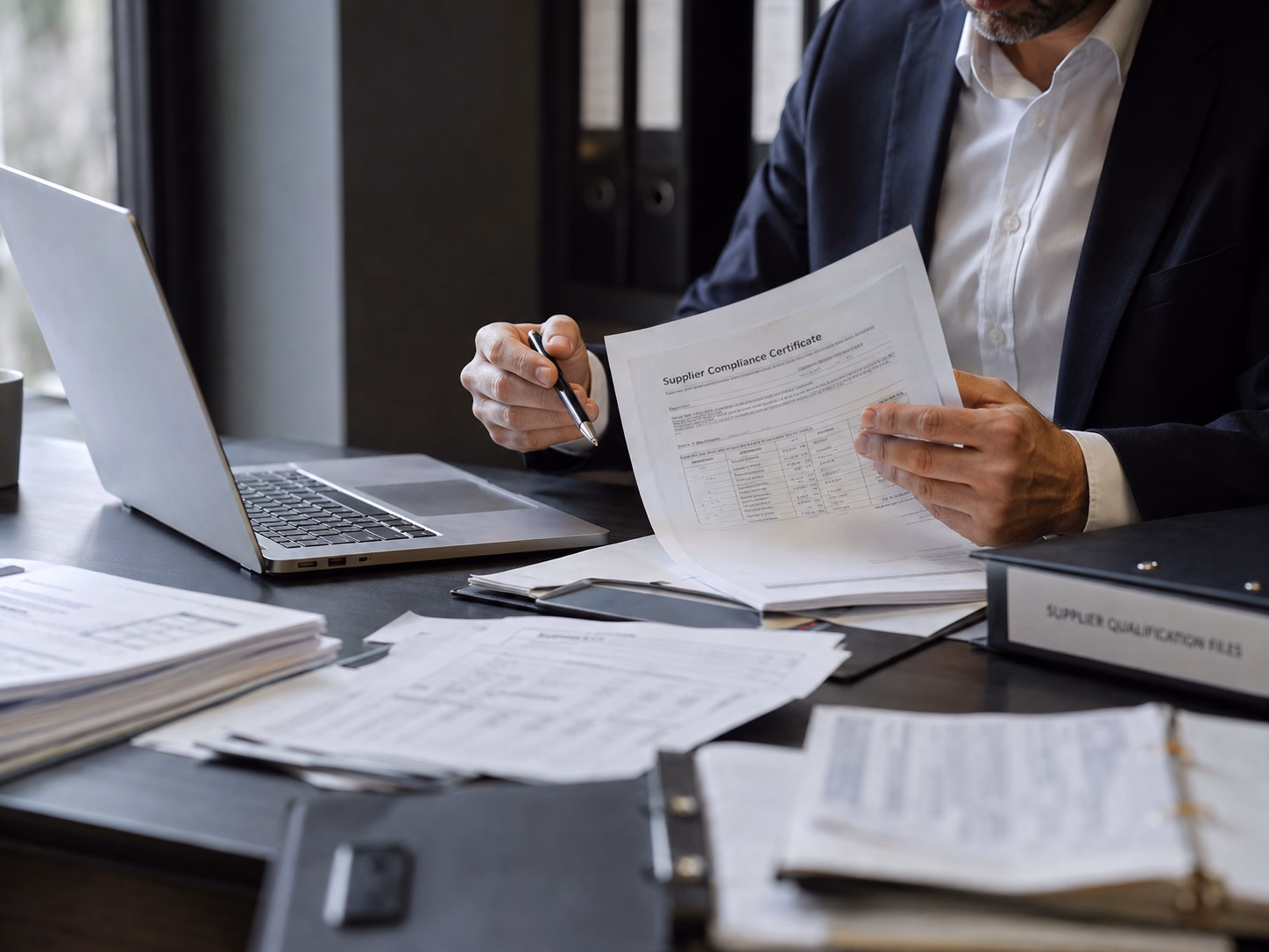 Analista revisando certificados de conformidad de proveedor