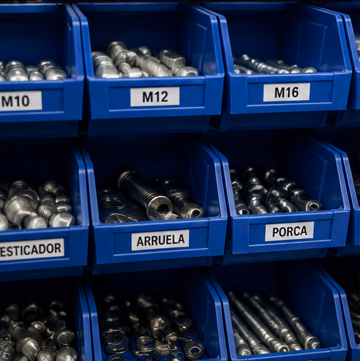 Storeroom bins labeled by gauge and item type