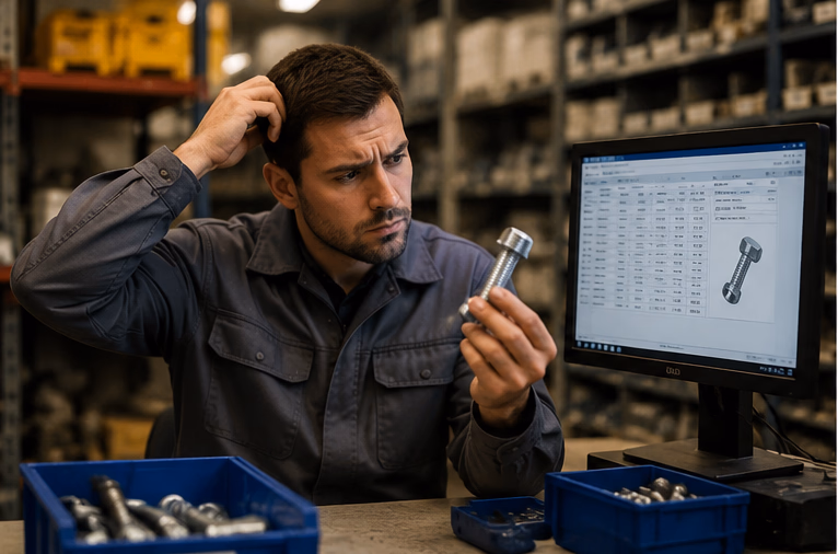 Storeroom clerk unsure between the item in hand and the record on screen